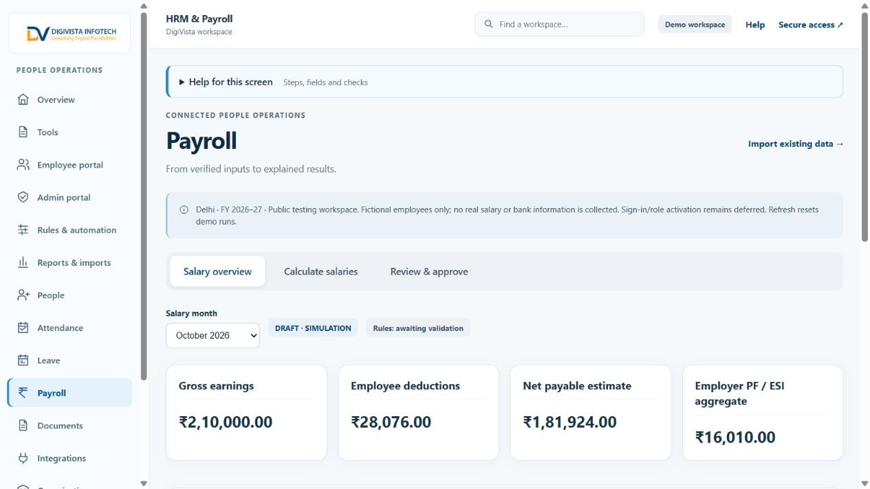 Actual DigiVista public PAYROLL demo with fictional employee data